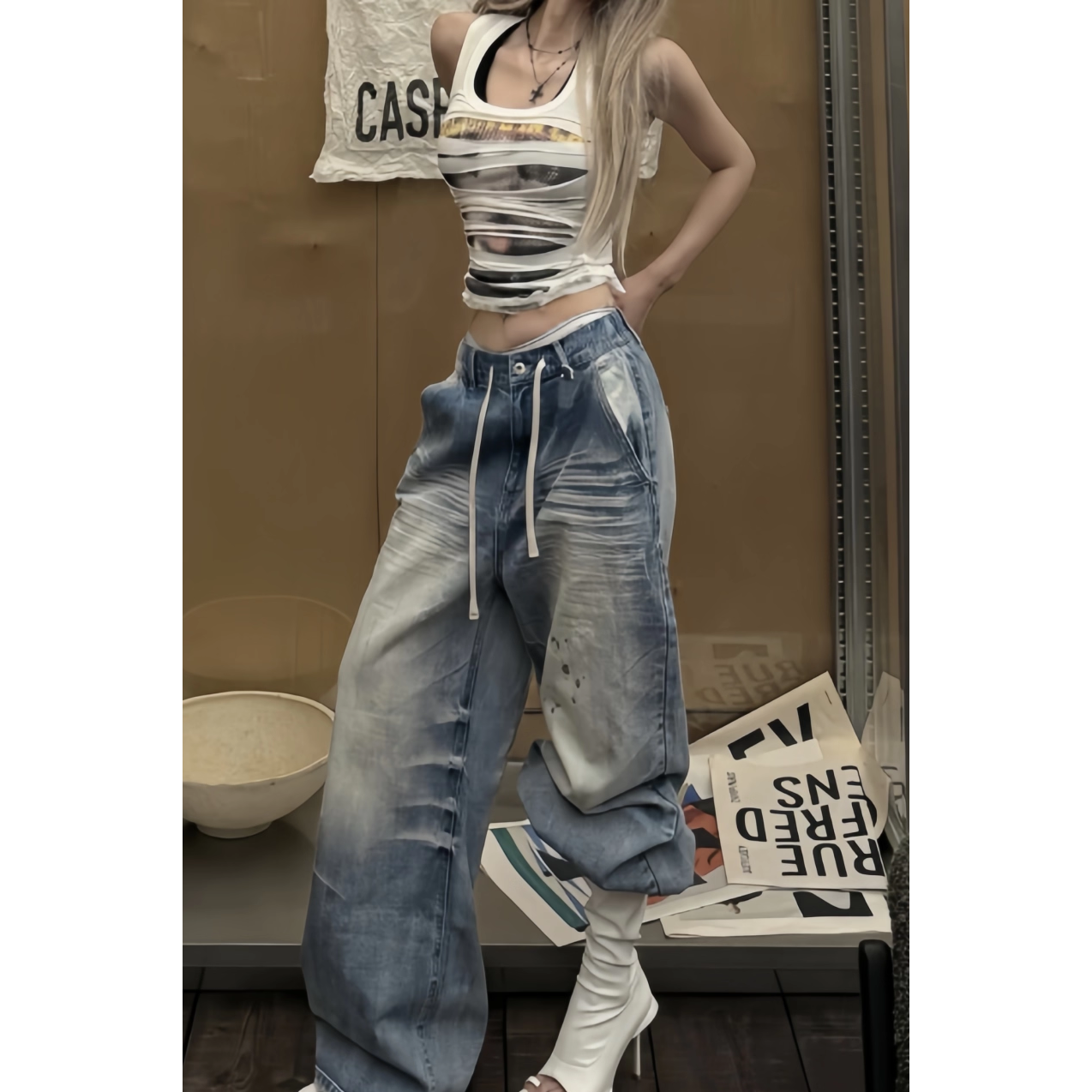 辣妹美式立体猫须抓痕牛仔裤子女25秋冬季复古设计感做旧拖地长裤