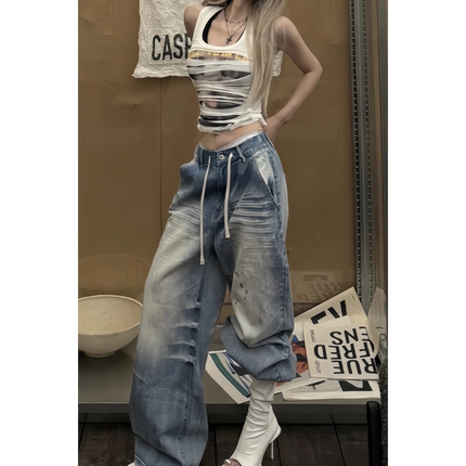 辣妹美式立体猫须抓痕牛仔裤子女25秋冬季复古设计感做旧拖地长裤