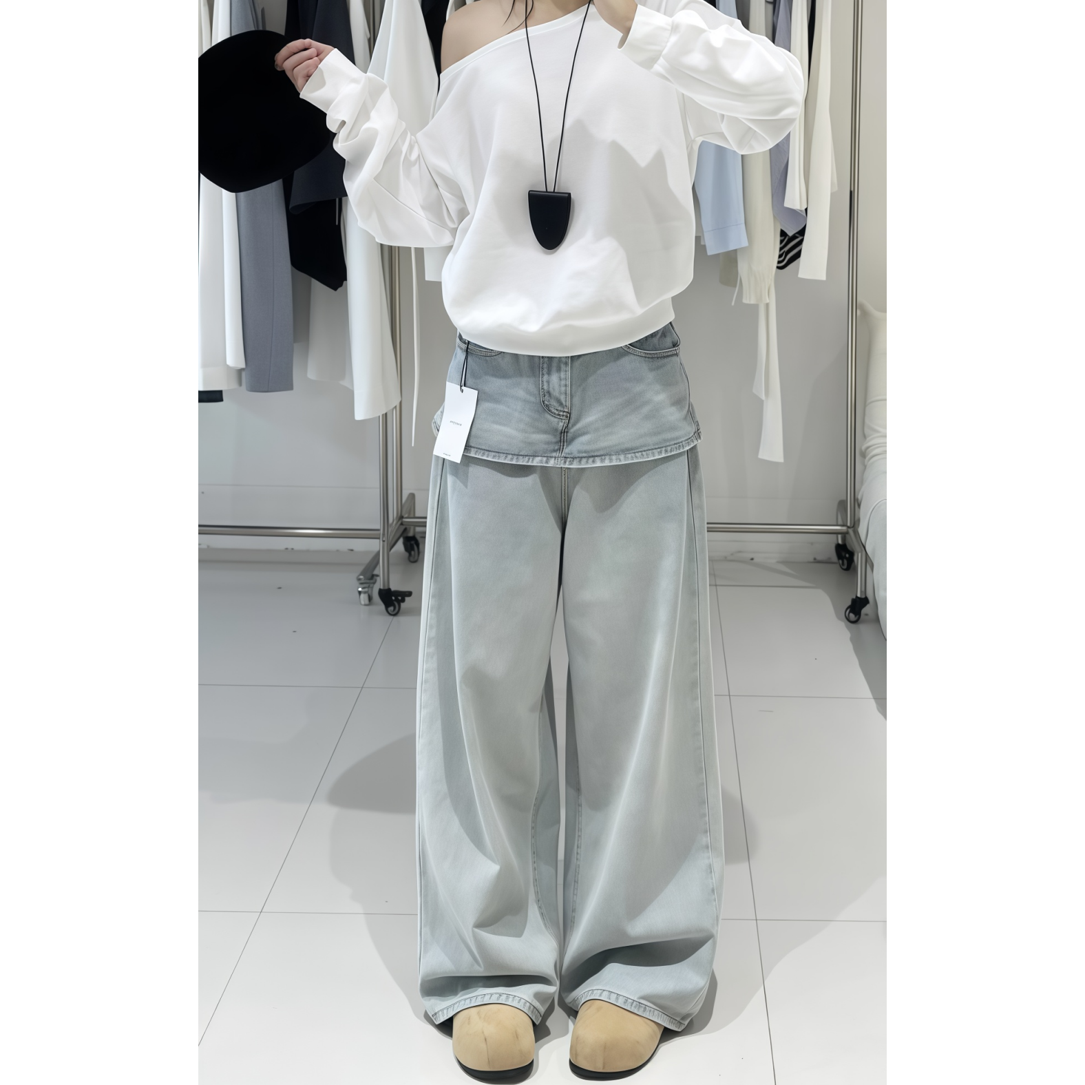 美式复古设计感屁帘蓝色阔腿牛仔裤女2025秋季新款宽松直筒拖地裤