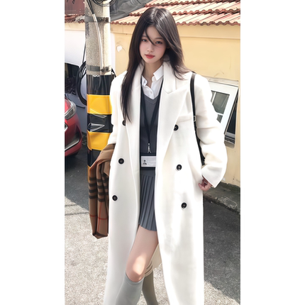 原SUN11 STUDIO美式复古女秋冬25气质宽松奶白色毛呢长款大衣外套