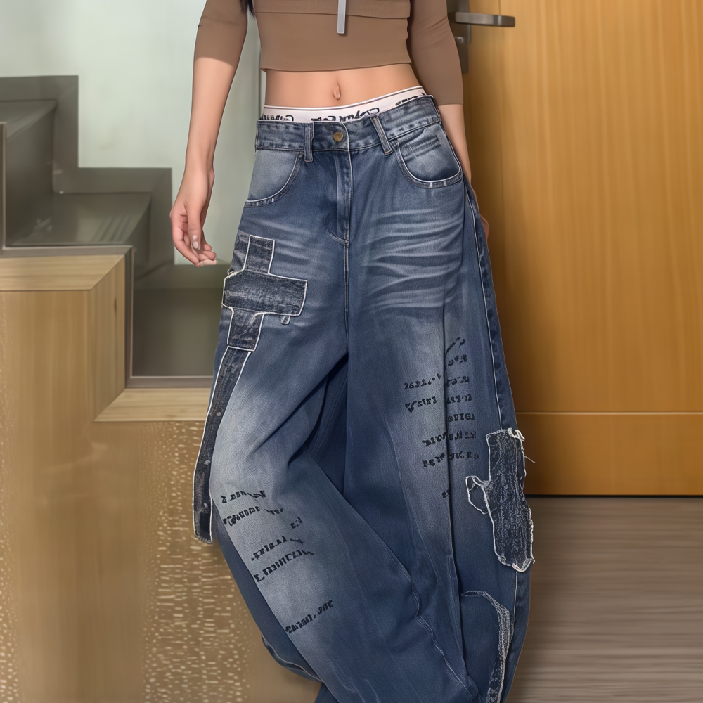 美式复古铆钉破坏牛仔裤女秋冬季2025新款设计感显瘦阔腿拖地长裤