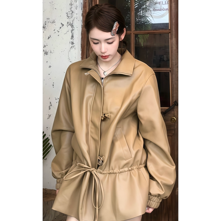 原SUN11 STUDIO美式复古牛角扣皮衣外套女冬季宽松显瘦夹克上衣潮