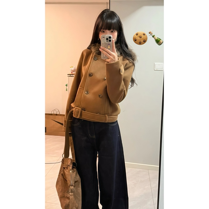 韩系高级慵懒感毛领毛呢子大衣棕色女秋冬季短款羊毛外套保暖上衣