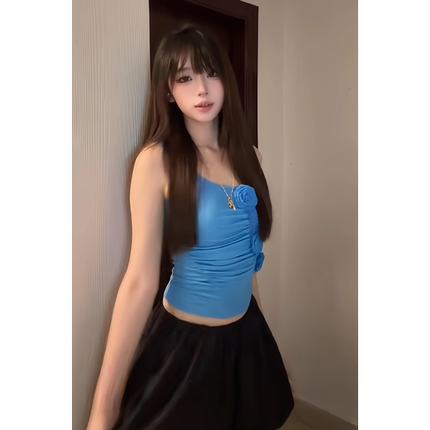 多巴胺蓝色吊带背心女夏立体花朵设计感无袖外穿修身美式辣妹上衣