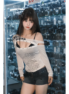 原SUN11 STUDIO美式长袖斜肩微透辣妹T恤女夏季显瘦短款白色上衣