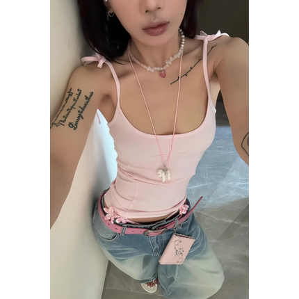 天使翅膀露背绑带吊带背心女夏季新款修身无袖外穿辣妹粉色上衣潮
