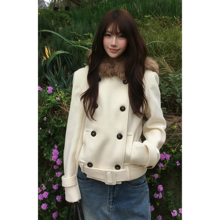 美式复古白色连帽毛领双排扣毛呢女秋冬季收腰短款加厚毛呢子外套