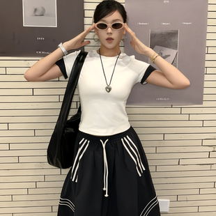 原SUN11 黑白时尚 裙子小众设计感半身裙套装 女 STUDIO酷感拼接短袖