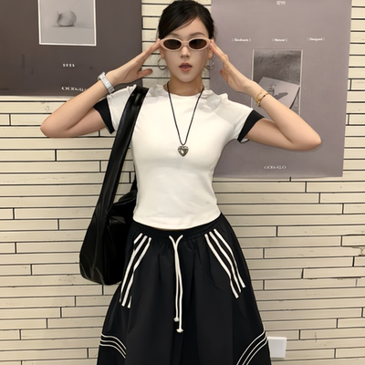 原SUN11 STUDIO酷感拼接短袖黑白时尚裙子小众设计感半身裙套装女