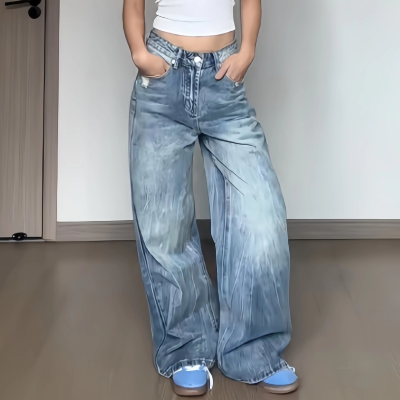 辣妹美式水洗高腰牛仔裤女秋冬季2025新款宽松显瘦阔腿百搭裤子潮