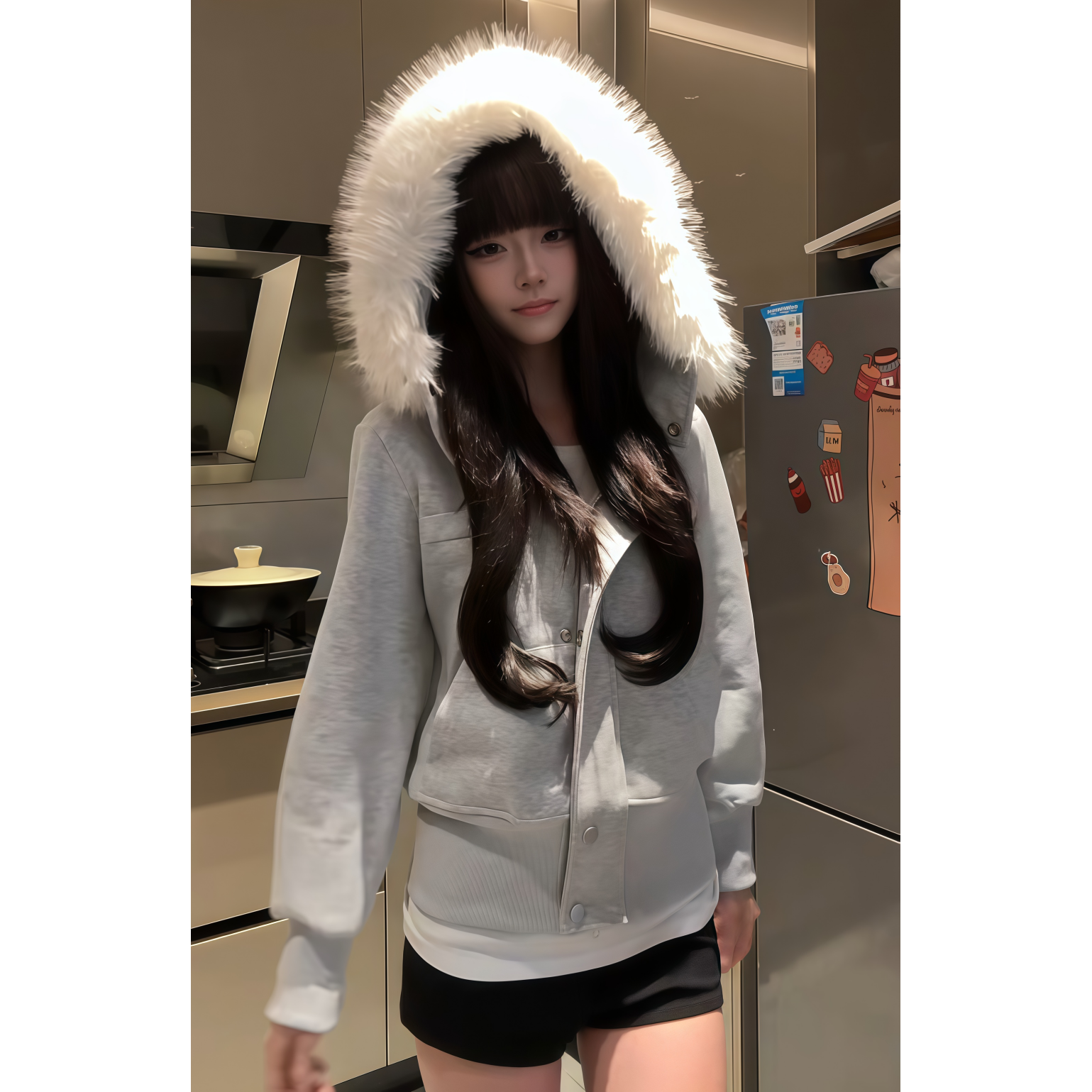 原SUN11 STUDIO美式灰色连帽毛领棉衣女秋冬加厚修身短款卫衣外套