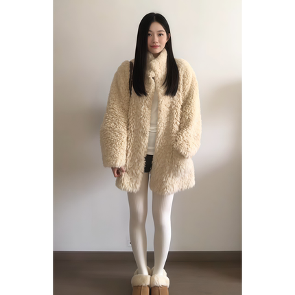 美式复古立领羊羔毛皮毛一体毛毛外套女25秋冬季新款厚款环保皮草