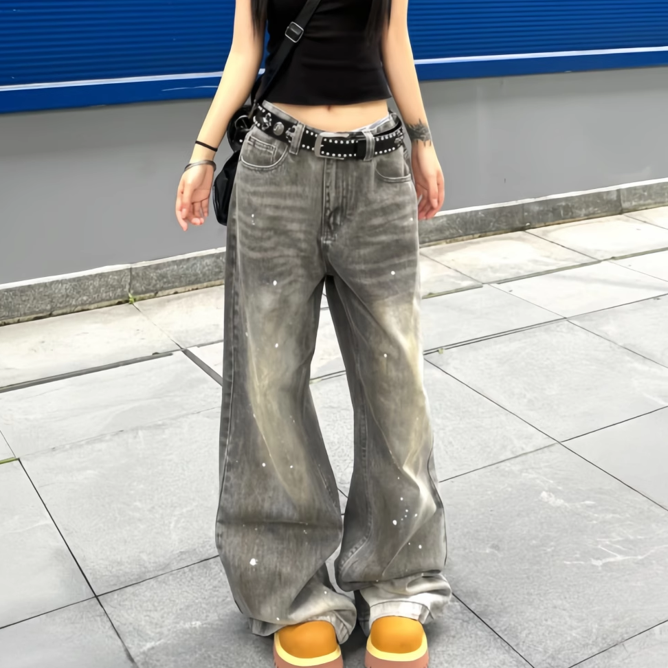 2025美式街头泼墨阔腿牛仔裤复古小众设计感灰色弯刀廓形裤子女男