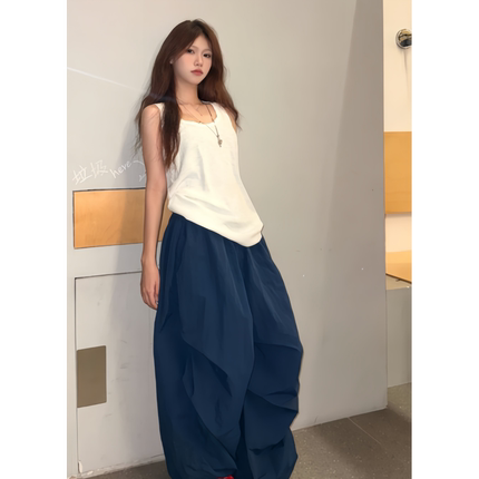 美式复古纯色阔腿女夏季25宽松休闲多巴胺拖地长裤无袖T恤女上衣