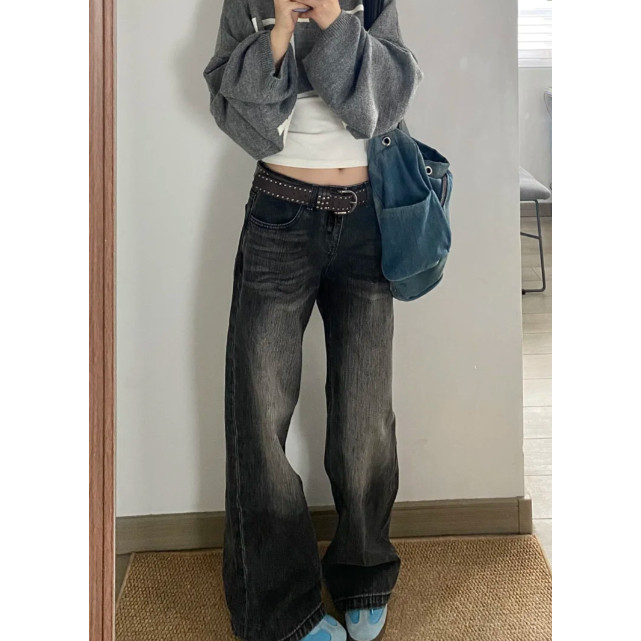 美式复古水洗做旧阔腿牛仔裤女秋冬季25新款设计感宽松显瘦拖地裤