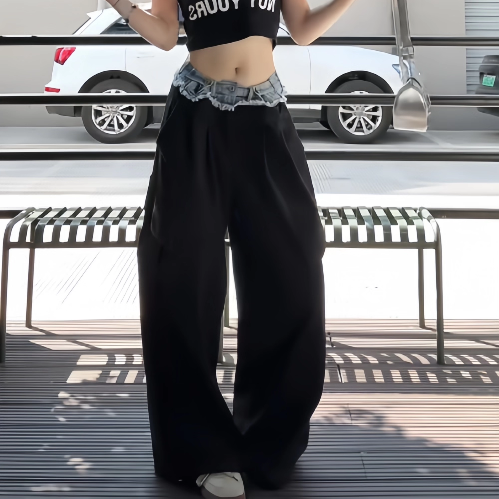 多巴胺原创设计感牛仔拼接腰头工装休闲裤女夏季2025宽松直筒长裤