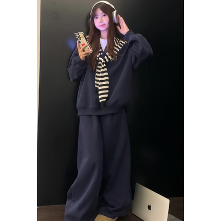 原SUN11 STUDIO撞色条纹披肩叠穿宽松长袖卫衣高腰卫裤女两件套潮