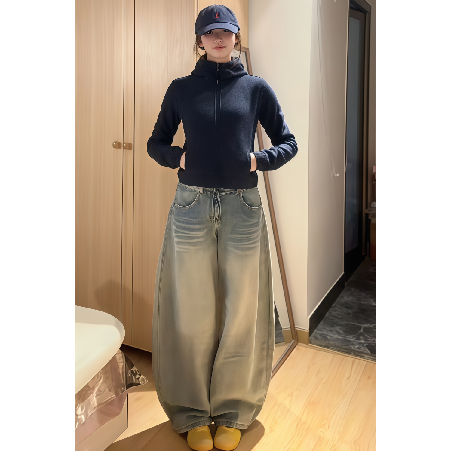 美式复古做旧弯刀牛仔裤女秋季2025新款宽松直筒阔腿拖地镰刀裤子