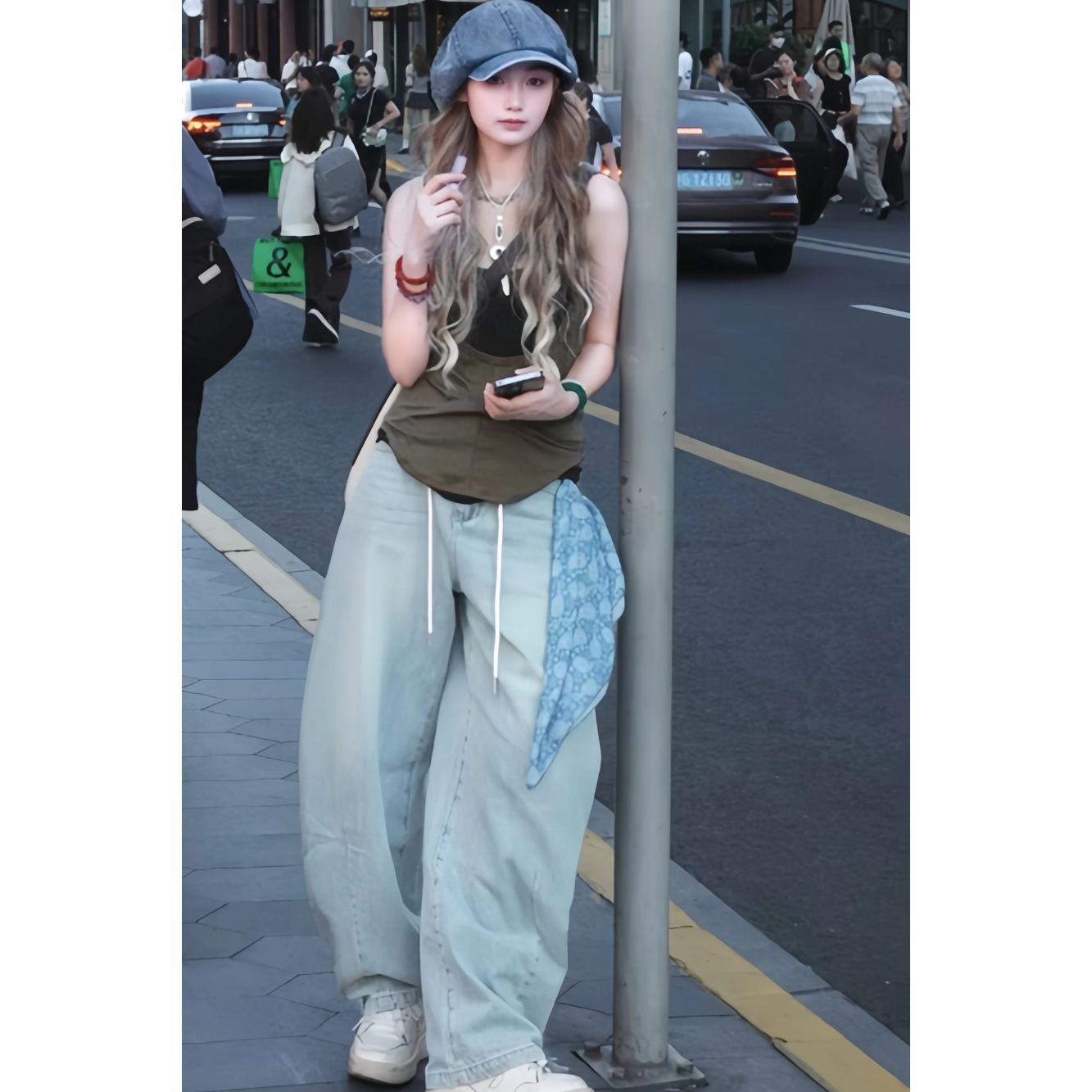 美式复古水洗蓝弯刀牛仔裤男女2025夏季新款抽绳宽松直筒百搭长裤