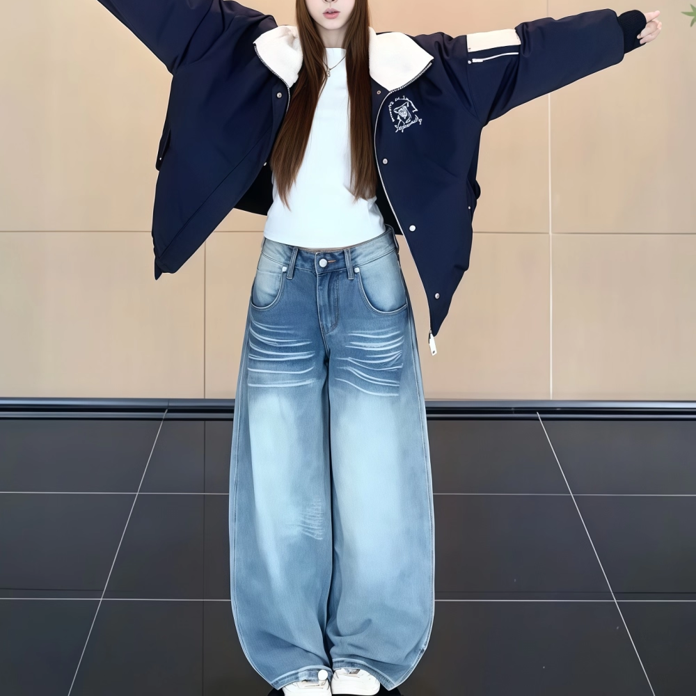 美式复古弯刀牛仔裤女秋冬季设计感水洗宽松阔腿显瘦直筒拖地裤子