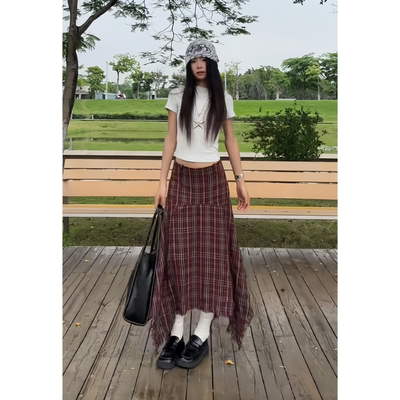 美式辣妹红色格子不规则下摆半身裙女高腰大裙摆百褶A字长裙显瘦