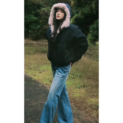 原SUN11 STUDIO黑色毛领拉链长袖棉衣外套女冬季休闲宽松连帽棉袄