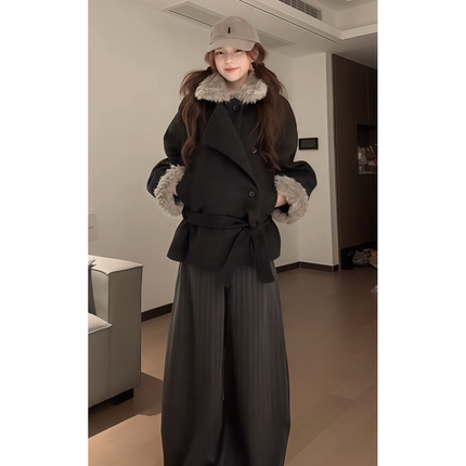 韩系毛袖毛领呢子大衣女冬季2025新款毛呢外套独特超好看加厚短款