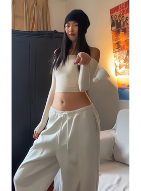 纯欲辣妹一字肩白色长袖修身t恤女早秋紧身弹力显瘦短款露脐上衣