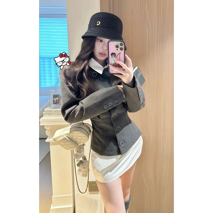 原SUN11 STUDIO假两件毛呢外套女2025秋季设计感收腰显瘦短款上衣