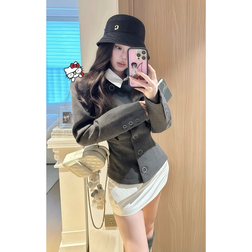 原SUN11 STUDIO假两件毛呢外套女2025秋季设计感收腰显瘦短款上衣