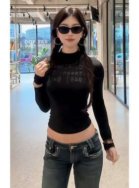 原SUN11 STUDIO辣妹黑色t恤女秋季25新款半高领修身百搭长袖上衣