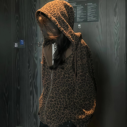 原SUN11 STUDIO美式复古慵懒百搭连帽豹纹卫衣女秋季2025新款上衣