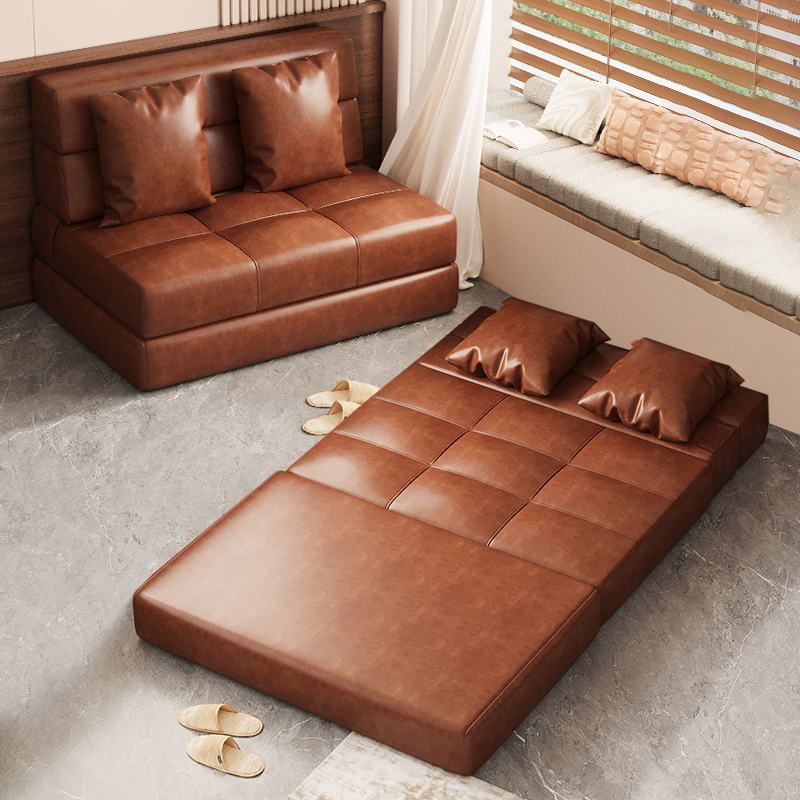 申亚懒人沙发家用折叠两用客厅折叠床棕色意式油蜡皮可折叠沙发床