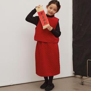【恭禧发财】新年款儿童丝绒套装中大女童洋气红色背心半裙拜年服