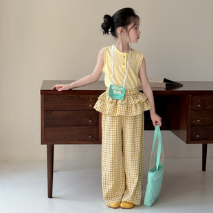 2026夏款女童韩版纯色无袖背心上衣儿童格子拼花边直筒裤洋气裤子