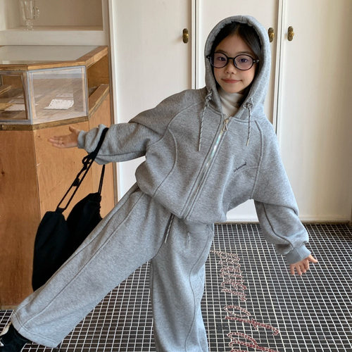 女童韩版加绒连帽卫衣裤子套装