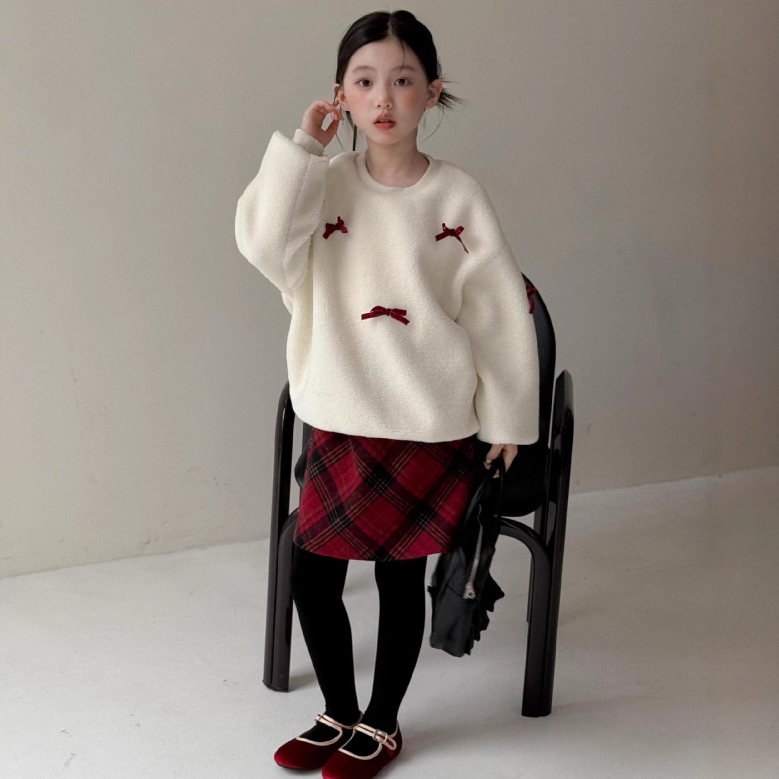 冬款韩版女童新年款蝴蝶结羊羔绒卫衣小女孩红格子短裙半裙两件套,童装/婴儿装/亲子装,儿童运动套装,淘宝优惠券,粉丝福利购,淘宝优惠卷