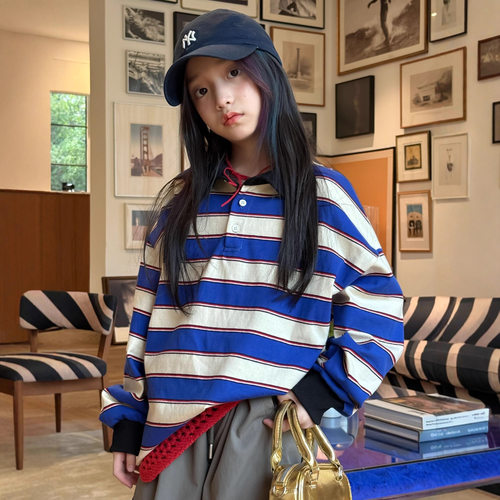 中性款男女童蓝条纹撞色领polo衫