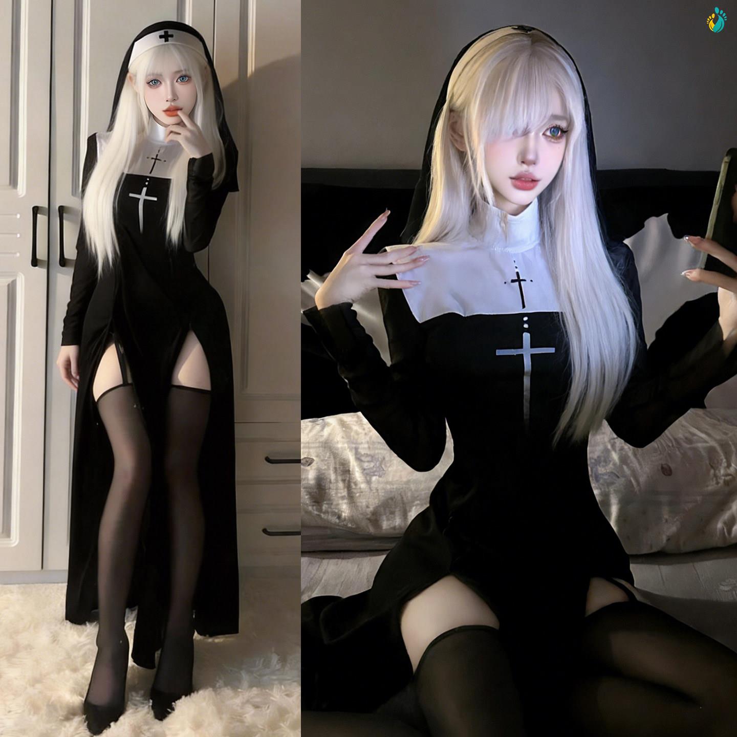 禁忌修女万圣节cos纯欲暗黑修女连衣裙性感高开叉制服女主播服装