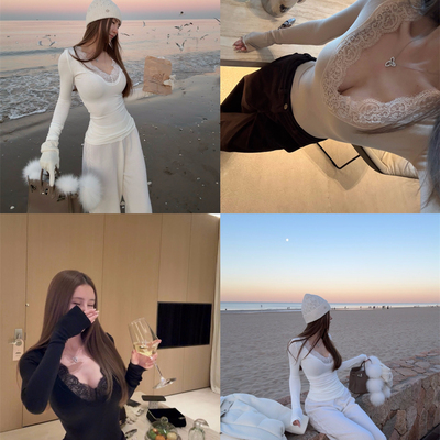 NINASTUDIO   【不费力舒适】深V蕾丝边 长袖打底衫 3色