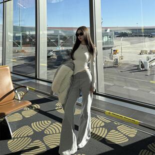 NINASTUDIO 【都市漫步】罗纹宽腰设计 时髦喇叭裤卫裤