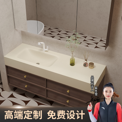 中古风热弯一体盆实木浴室柜定制