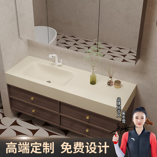 中古风热弯一体盆实木浴室柜定制