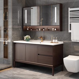 新中式 浴室柜橡木智能镜柜一体陶瓷盆实木卫浴柜落地洗脸盆柜组合