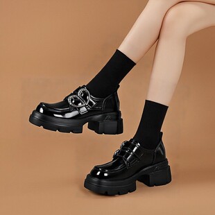 厚底高跟真皮英伦风增高小皮鞋 春秋真皮女鞋 女2025新款 黑色乐福鞋