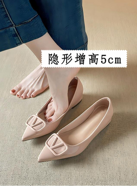 牛皮版 尖头V扣通勤单鞋女小个子内增高仙女风平底裸色浅口小皮鞋