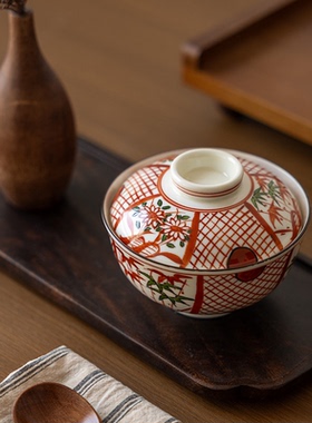 现货日本进口有田烧手绘红色花朵盖碗盖物蒸蛋碗日式炖盅家用餐具