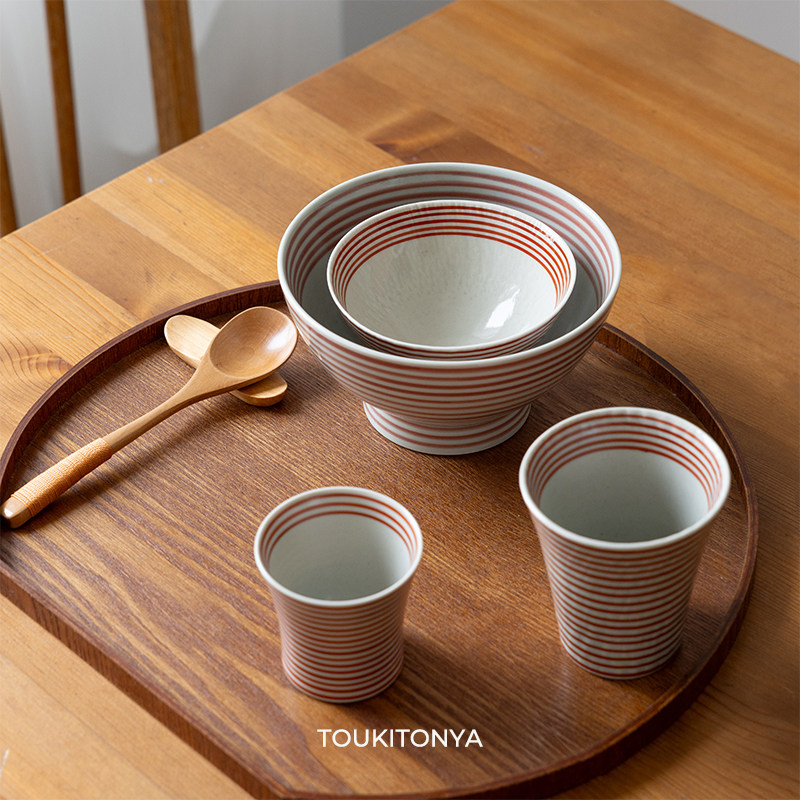 现货日本进口和山窑红驹系列手绘红色条纹米饭碗面碗水杯杯子家用
