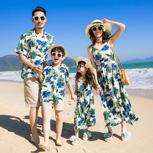 一家四口夏季 情侣装 新款 亲子装 沙滩度假全家装 母女连衣裙衬衣乐天