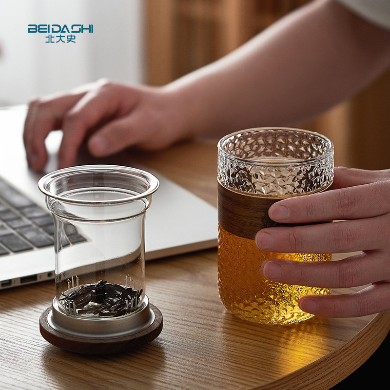 玻璃泡茶杯 办公室水杯 耐热锤条纹花茶红茶木盖过滤茶杯个人专用